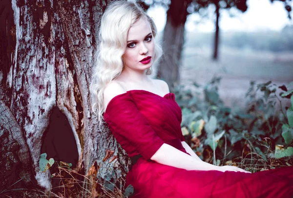 Moda hermosa mujer rubia joven en hermoso vestido rojo en un bosque de cuento de hadas. atmósfera mágica. tiro tonificante — Foto de Stock