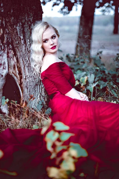 Moda hermosa mujer rubia joven en hermoso vestido rojo en un bosque de cuento de hadas. atmósfera mágica. tiro tonificante — Foto de Stock