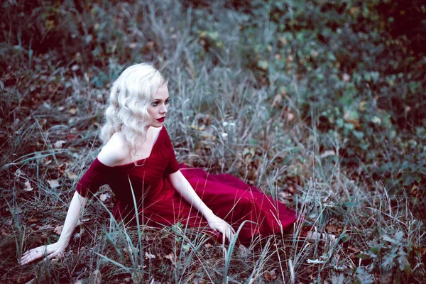 Moda linda jovem loira em belo vestido vermelho em uma floresta de conto de fadas. atmosfera mágica. tonificação tiro — Fotografia de Stock