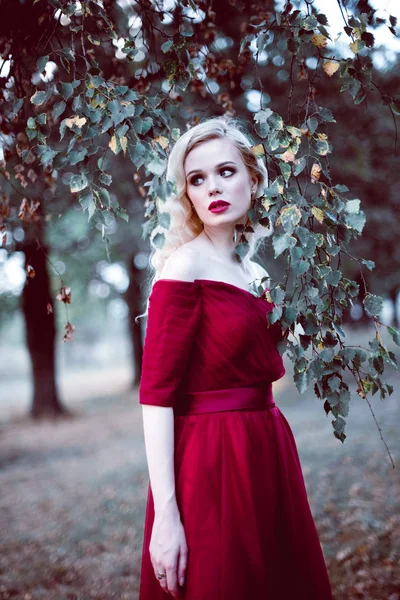 Mode hinreißende junge blonde Frau in schönen roten Kleid in einem Märchenwald. Magische Atmosphäre. Tonungsschuss — Stockfoto