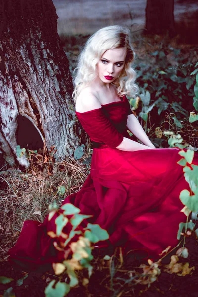 Moda hermosa mujer rubia joven en hermoso vestido rojo en un bosque de cuento de hadas. atmósfera mágica. tiro tonificante —  Fotos de Stock