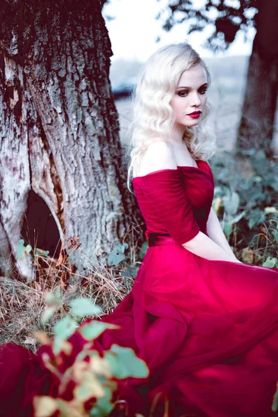 Moda hermosa mujer rubia joven en hermoso vestido rojo en un bosque de cuento de hadas. atmósfera mágica. tiro tonificante — Foto de Stock