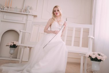 Güzel bir sarışın kız gelinin görüntüdeki portresi. Güzellik yüz. Hafif bir arka plan üzerinde stüdyoda fotoğraf vurdu