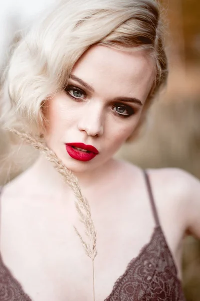 Mujer rubia sexy sonriente hermosa y elegante con labios rojos y ondas de pelo que usan lencería beige posando en el campo al aire libre en verano, estilo vintage retro y moda. Retouched fino arte tonificación sho — Foto de Stock