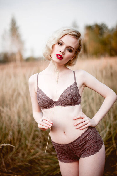 Beautiful and elegant smiling sexy blonde woman with red lips and hair waves wearing beige liingerie posing on the field outdoors summer, retro vintage style and fashion. Retouched fine art toning sho