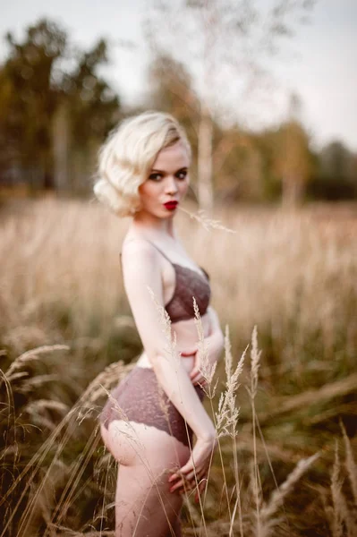 Schöne und elegante lächelnde sexy blonde Frau mit roten Lippen und Haaren Wellen tragen beige Unterwäsche posiert auf dem Feld im Freien Sommer, Retro-Vintage-Stil und Mode. retuschierte Feinkunst Tonisierung sho — Stockfoto