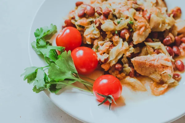 Chili Beans Stew with meat and cabbage, Bread, Red Chili Pepper And Garlic Ready To Be Served, concept of homemade healthy food