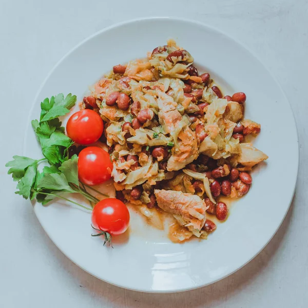 Chili Beans Stew with meat and cabbage, Bread, Red Chili Pepper And Garlic Ready To Be Served, concept of homemade healthy food