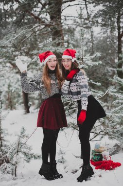 İki genç genç hippi kız arkadaş birlikte. İki kız kardeş hugs moda portre kadar kapatın ve having fun Kış saati, kırmızı santa şapka ve kazak giyen arkadaşlarım açık havada, karlı havalarda Çift