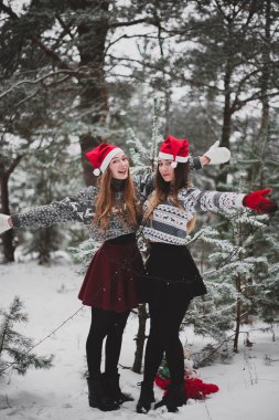 İki genç genç hippi kız arkadaş birlikte. İki kız kardeş hugs moda portre kadar kapatın ve having fun Kış saati, kırmızı santa şapka ve kazak giyen arkadaşlarım açık havada, karlı havalarda Çift