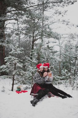 İki genç genç hippi kız arkadaş birlikte. Kırmızı santa şapka ve kazak, en iyi arkadaş çift açık havada giyen iki kız kardeş hugs ve eğleniyor, kış saati, çay içme moda portre kadar kapatın, 