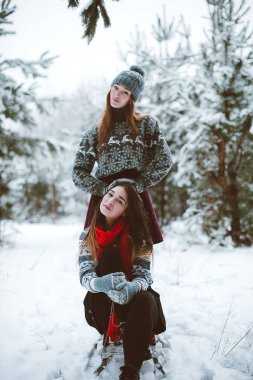 İki genç genç hippi kız arkadaş birlikte. İki kız kardeş hugs moda portre kadar kapatın ve eğlenmek, kazak ve tulum, en iyi arkadaş çift sıklıkta giyen kış zaman ormandaki kızağa binmek