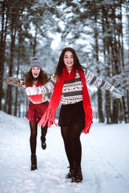 İki genç genç hippi kız arkadaş birlikte. İki kız kardeş hugs moda portre kadar kapatın ve having fun kış zaman ormanda giyen kazak ve tulum, en iyi arkadaş çift açık havada, karlı gitmedenen