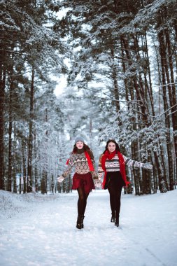 İki genç genç hippi kız arkadaş birlikte. İki kız kardeş hugs moda portre kadar kapatın ve having fun kış zaman ormanda giyen kazak ve tulum, en iyi arkadaş çift açık havada, karlı gitmedenen