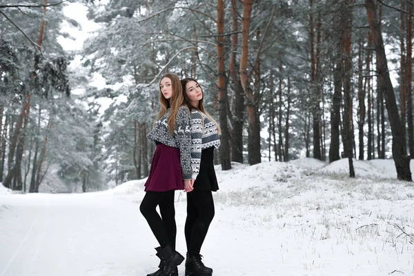 Two young teenage hipster girl friends together.Close up fashion portrait of two sisters hugs and having fun winter time, wearing sweater, best friends couple outdoors, snowy weather — стоковое фото