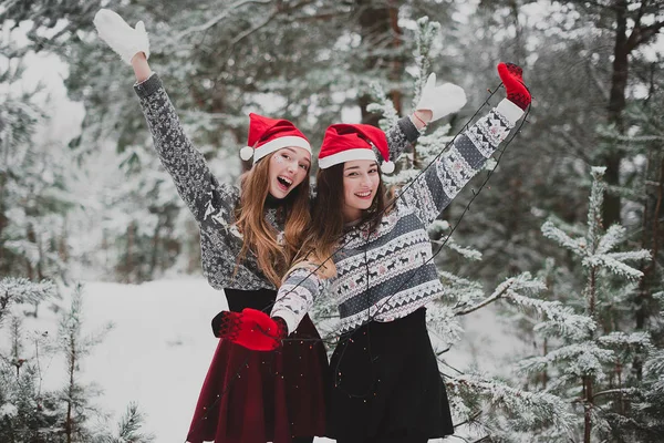 Deux jeunes adolescentes hipster girl friends ensemble.Gros plan portrait de mode de deux sœurs câlins et avoir du plaisir l'hiver, portant chapeaux et pull Père Noël rouge, meilleurs amis couple à l'extérieur, temps neigeux — Photo