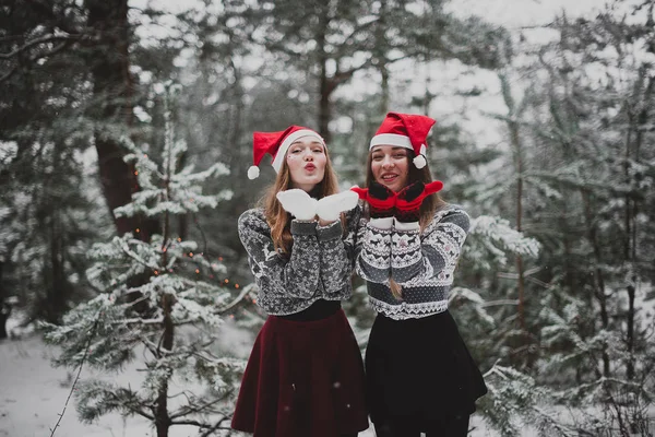 Zwei junge Teenager-Hipster-Freundinnen together.close up Mode Porträt von zwei Schwestern Umarmungen und Spaß im Winter, tragen rote Weihnachtsmützen und Pullover, beste Freunde Paar im Freien, schneebedecktes Wetter — Stockfoto