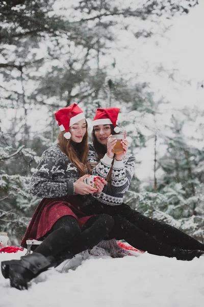 Two young teenage hipster girl friends together.Close up fashion portrait of two sisters hugs and having fun, drinking tea winter time, wearing red santa hats and sweater, best friends couple outdoors , — стоковое фото