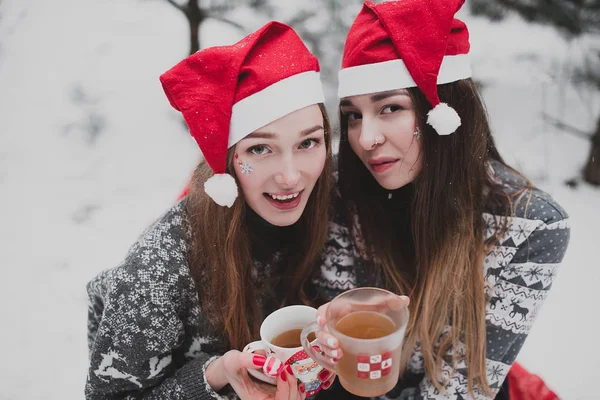 Twee jonge tiener hipster vriendinnen samen. Portret van de mode van twee zussen knuffels en plezier, het drinken van thee wintertijd, buiten het dragen van rode santa hoeden en trui, beste vrienden paar close-up, — Stockfoto