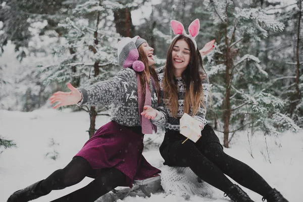 Two young teenage hipster girl friends together.Close up fashion portrait of two sisters hugs and having fun winter time, wearing pink hats, rabbit ears and sweater, best friends couple outdoors, snowy — стоковое фото