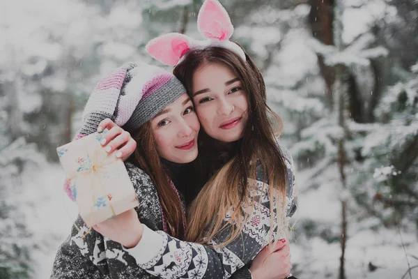 Two young teenage hipster girl friends together.Close up fashion portrait of two sisters hugs and having fun, holding gifts winter time, wearing pink hats, rabbit ears and sweater, best friends couple o — стоковое фото