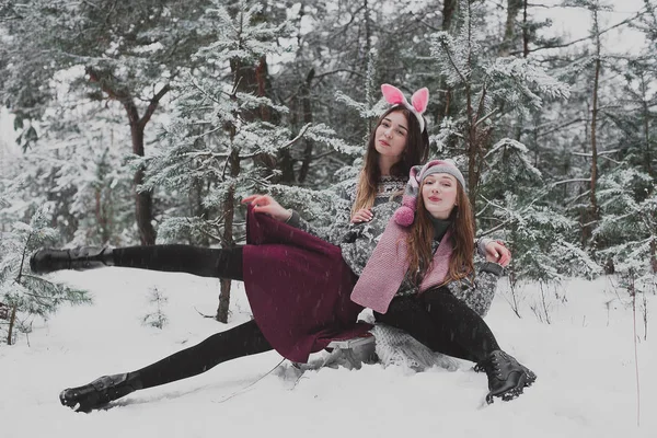 Dois jovens amigos hipster menina adolescente juntos.Close up retrato de moda de duas irmãs abraços e se divertindo tempo de inverno, vestindo chapéus rosa, orelhas de coelho e suéter, melhores amigos casal ao ar livre, nevado — Fotografia de Stock