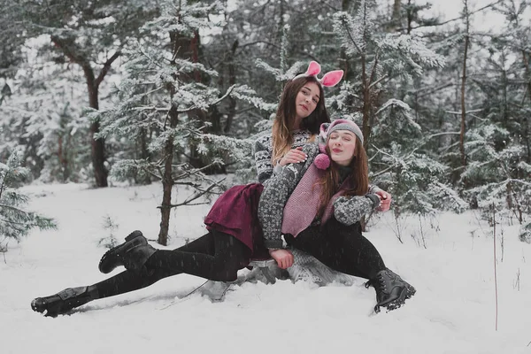 Dois jovens amigos hipster menina adolescente juntos.Close up retrato de moda de duas irmãs abraços e se divertindo tempo de inverno, vestindo chapéus rosa, orelhas de coelho e suéter, melhores amigos casal ao ar livre, nevado — Fotografia de Stock