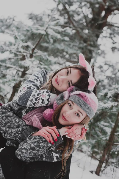 Two young teenage hipster girl friends together.Close up fashion portrait of two sisters hugs and having fun winter time, wearing pink hats, rabbit ears and sweater, best friends couple outdoors, snowy — стоковое фото