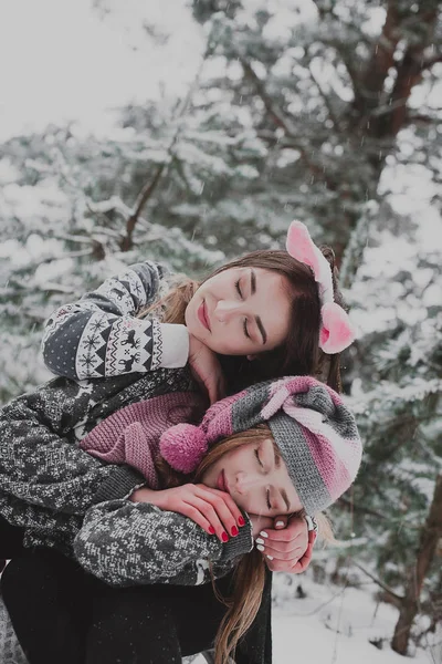 Two young teenage hipster girl friends together.Close up fashion portrait of two sisters hugs and having fun winter time, wearing pink hats, rabbit ears and sweater, best friends couple outdoors, snowy — стоковое фото