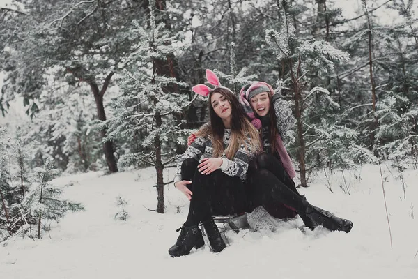 Due giovani amiche hipster adolescenti insieme.Close up ritratto di moda di due sorelle abbracci e divertirsi in inverno, indossando cappelli rosa, orecchie di coniglio e maglione, migliori amici coppia all'aperto, innevato — Foto Stock