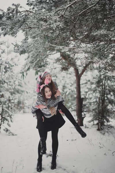 İki genç genç hippi kız arkadaş birlikte. İki kız kardeş hugs ve eğleniyor, kış zaman ormanda yürüyüş, giymiş pembe şapka, tavşan kulağı ve kazak, en iyi arkadaş cou moda portre kadar kapatın