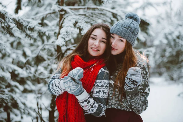 Dois jovens amigos hipster menina adolescente juntos.Close up retrato de moda de duas irmãs abraços e se divertindo, segurando sparklers na floresta tempo de inverno, vestindo camisolas e lenços, melhores amigos casal o — Fotografia de Stock