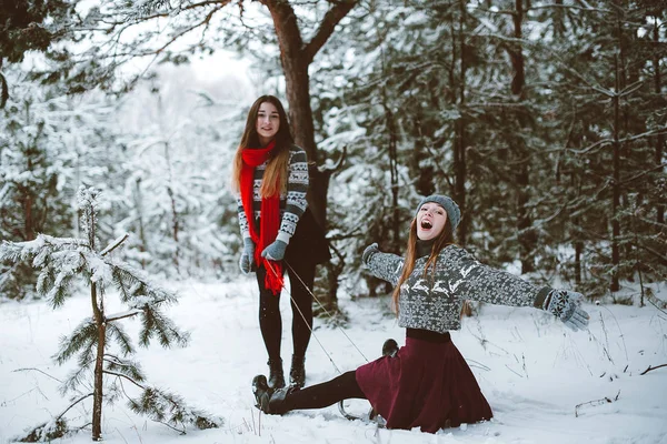 Due giovani amiche hipster adolescente insieme.Close up ritratto di moda di due sorelle abbracci e divertirsi, cavalcare sulla slitta nella foresta tempo invernale, indossando maglioni e sciarpe, migliori amici coppia outdoo — Foto Stock