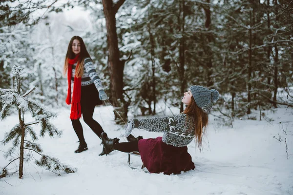 Двоє молодих дівчат-підлітків, друзів хіпстера разом. Крупним планом портрет моди двох сестер обіймає і розважається, катається на санчатах в зимовий час лісі, одягнений в светри і шарфи, найкращі друзі пара виїжджає — стокове фото