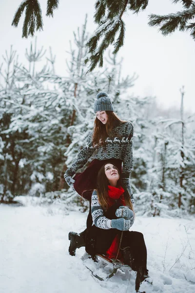 Two young teenage hipster girl friends together.Close up fashion portrait of two sisters hugs and having fun, ride on sled in winter time forest, wearing sweaters and scarfs, best friends couple outdoo — стоковое фото