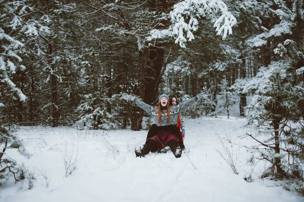 Due giovani amiche hipster adolescente insieme.Close up ritratto di moda di due sorelle abbracci e divertirsi, cavalcare sulla slitta nella foresta tempo invernale, indossando maglioni e sciarpe, migliori amici coppia outdoo — Foto Stock