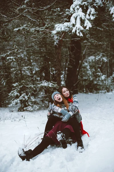 Dois jovens amigos hipster menina adolescente juntos.Close up retrato de moda de duas irmãs abraços e se divertindo, passeio no trenó na floresta do tempo de inverno, vestindo camisolas e lenços, melhores amigos casal outdoo — Fotografia de Stock