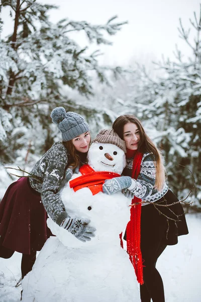 Dwóch przyjaciół dziewczyny młode nastoletnie hipster razem. Moda piękny portret uścisków dwie siostry z bliska i dobra zabawa, zrobić bałwana w lesie czas zimowy, noszenie swetry i szaliki, przyjaciele para outdoo — Zdjęcie stockowe
