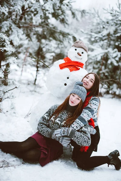 Dos jóvenes adolescentes hipster girl friends together. Acercamiento retrato de moda de dos hermanas abrazos y divertirse, hacer muñeco de nieve en el bosque de invierno, usando suéteres y bufandas, mejores amigos pareja outdoo — Foto de Stock