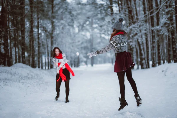 Two young teenage hipster girl friends together.Close up fashion portrait of two sisters hugs and having fun in winter time forest, wearing sweaters and scarfs,best friends couple outdoors, snowy weat — Stock Photo, Image