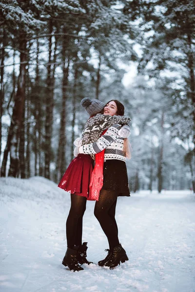 İki genç genç hippi kız arkadaş birlikte. İki kız kardeş hugs moda portre kadar kapatın ve having fun kış zaman ormanda giyen kazak ve tulum, en iyi arkadaş çift açık havada, karlı gitmedenen