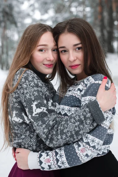 两个年轻的嬉皮士女友在一起。紧密拥抱两个姐妹的时尚肖像，享受冬天的快乐时光，穿着毛衣，最好的朋友们一起外出，多雪的天气 — 图库照片