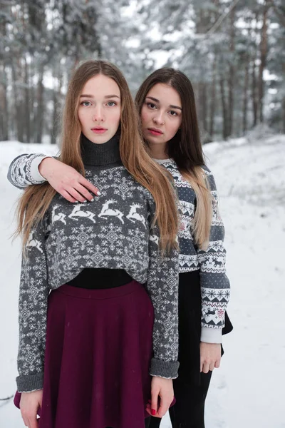 Two young teenage hipster girl friends together.Close up fashion portrait of two sisters hugs and having fun winter time, wearing sweater, best friends couple outdoors, snowy weather — стоковое фото