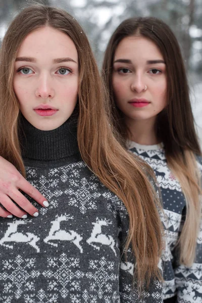 Dois jovens amigos hipster menina adolescente juntos.Close up retrato de moda de duas irmãs abraços e se divertindo tempo de inverno, vestindo suéter, melhores amigos casal ao ar livre, tempo nevado — Fotografia de Stock