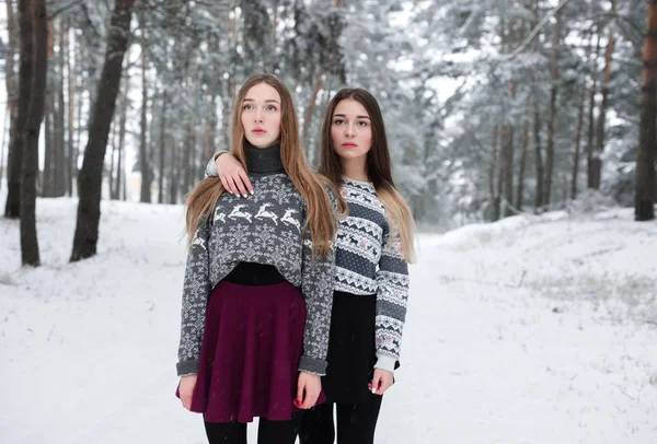 Two young teenage hipster girl friends together.Close up fashion portrait of two sisters hugs and having fun winter time, wearing sweater, best friends couple outdoors, snowy weather — стоковое фото