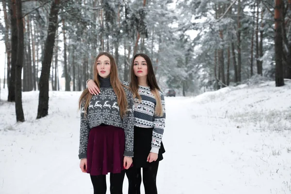 Dois jovens amigos hipster menina adolescente juntos.Close up retrato de moda de duas irmãs abraços e se divertindo tempo de inverno, vestindo suéter, melhores amigos casal ao ar livre, tempo nevado — Fotografia de Stock