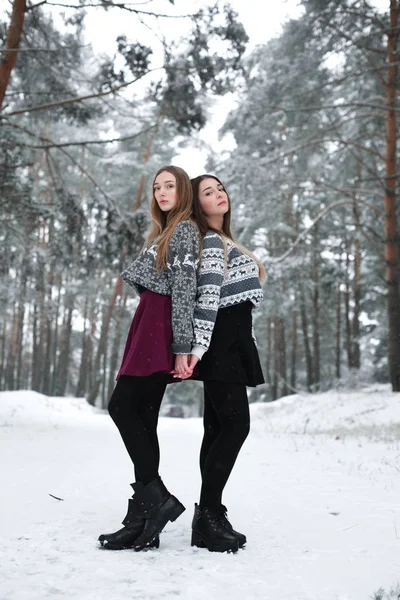 Két fiatal tini hipster lány barátok együtt.Close up divat portré két nővér ölelés és szórakozás téli idő, visel pulóver, legjobb barátok pár szabadban, havas időjárás — Stock Fotó