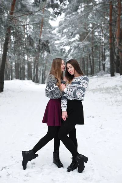 Two young teenage hipster girl friends together.Close up fashion portrait of two sisters hugs and having fun winter time, wearing sweater, best friends couple outdoors, snowy weather — стоковое фото