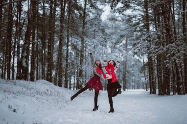 İki genç yeniyetme kız arkadaş bir arada. İki kız kardeşin moda portresini yakın çekin. Kışları eğlenin, süveter giyin, en iyi arkadaşlar açık havada, karlı havada.