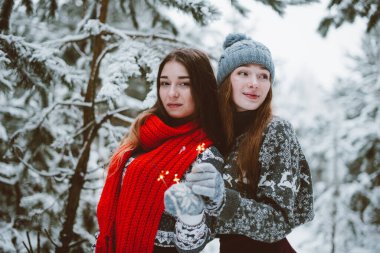 İki genç yeniyetme kız arkadaş bir arada. İki kız kardeşin moda portresini yakın çekin. Kışları eğlenin, süveter giyin, en iyi arkadaşlar açık havada, karlı havada.